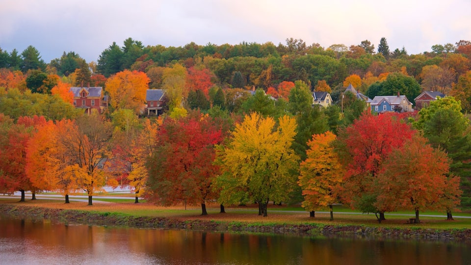 A lake surrounded by autumn-colored trees and houses on a hillside.