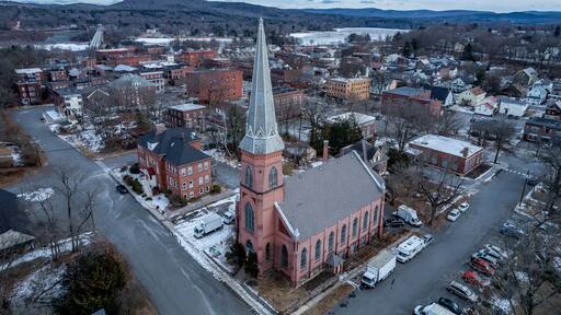 Aerial view of Turner Falls, Massachusetts in winter