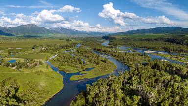 Panoramic view of the Snake River and Fall Creek Falls located in the Swan Valley, Idaho, USA. Summer 2023.