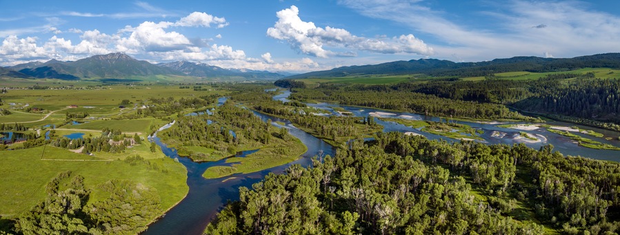 Panoramic view of the Snake River and Fall Creek Falls located in the Swan Valley, Idaho, USA. Summer 2023.
