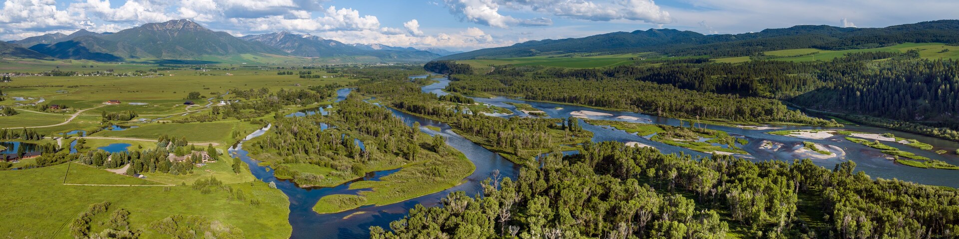 Panoramic view of the Snake River and Fall Creek Falls located in the Swan Valley, Idaho, USA. Summer 2023.