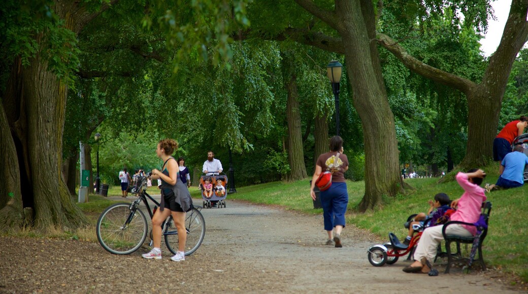 Prospect Park which includes cycling and a garden as well as a large group of people