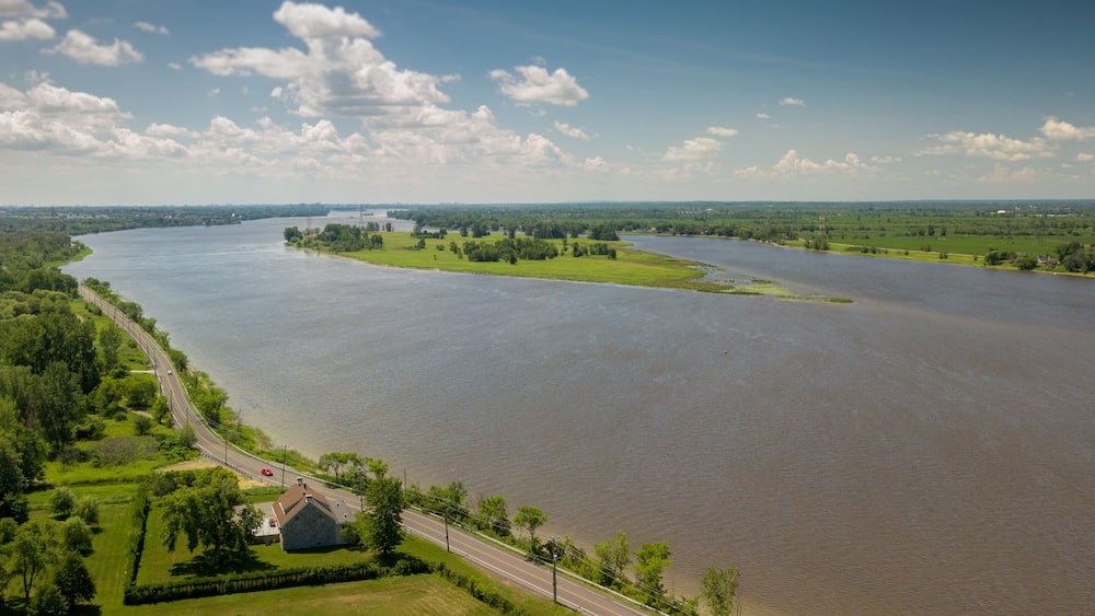 Bridge and river from the sky, Montreal, Canada (des Prairies river)