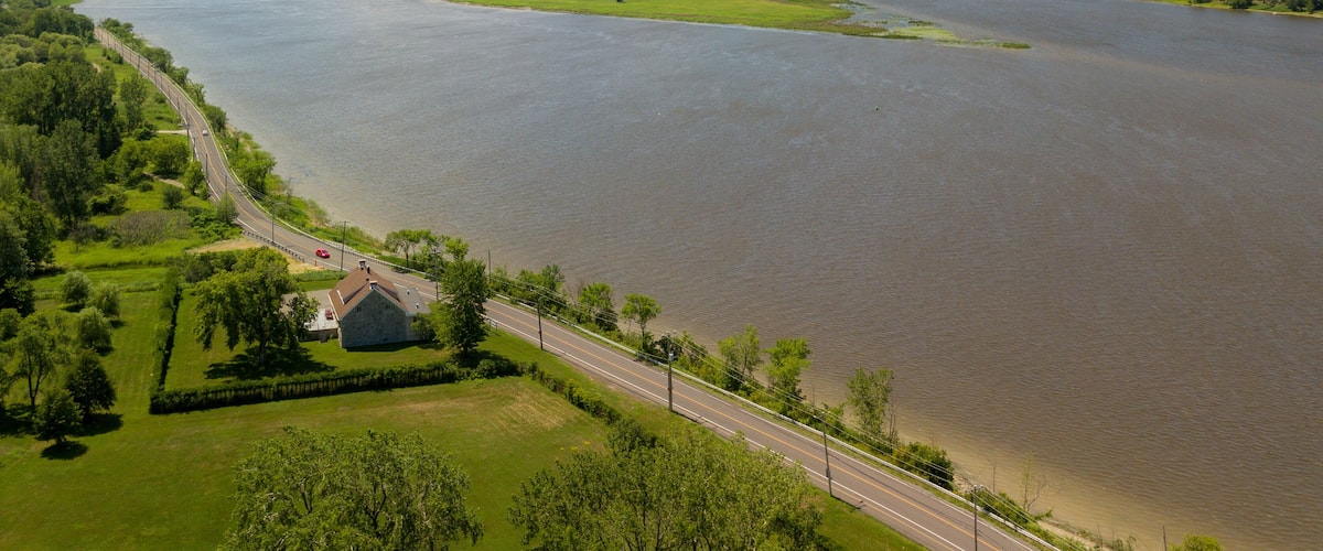 Bridge and river from the sky, Montreal, Canada (des Prairies river)