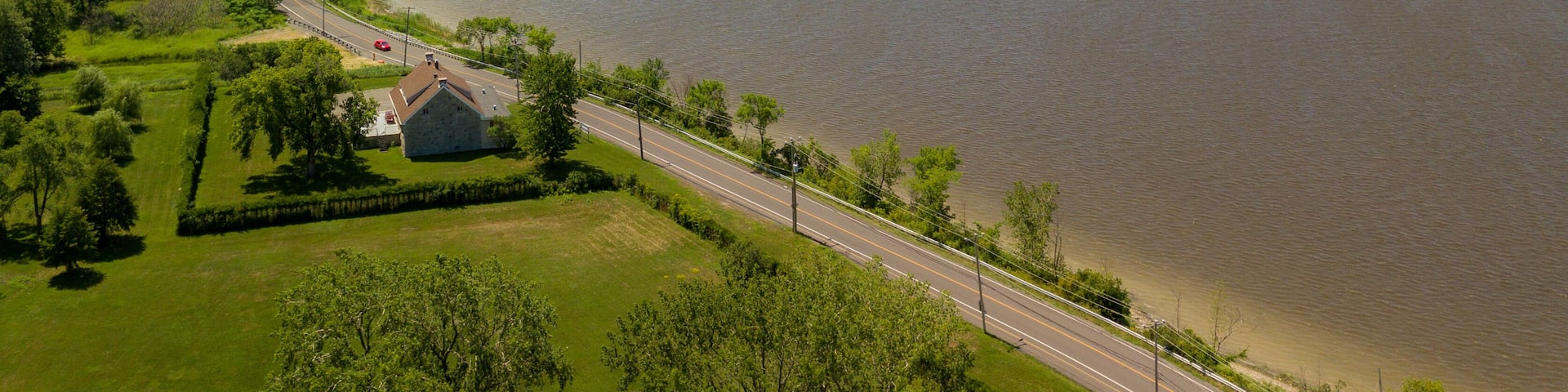 Bridge and river from the sky, Montreal, Canada (des Prairies river)