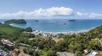 Aerial view, coast and town, Corrohoe Bay and Playa Espadilla, Manuel Antonio National Park, Puntarenas, Quepos, Costa Rica