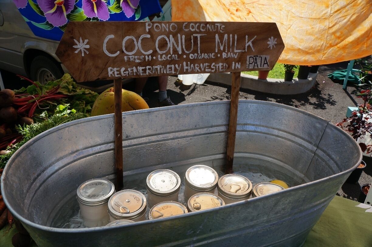 Hogan's fresh coconut milk locally grown and made. You can buy it at the Pukalani Farmer's Market on Saturday mornings. #localgem #maui #markets #Hawaii #Pukalani #UnitedStates #USA http://www.acooknotmad.com/2014/07/bananas-beer-nuts.html