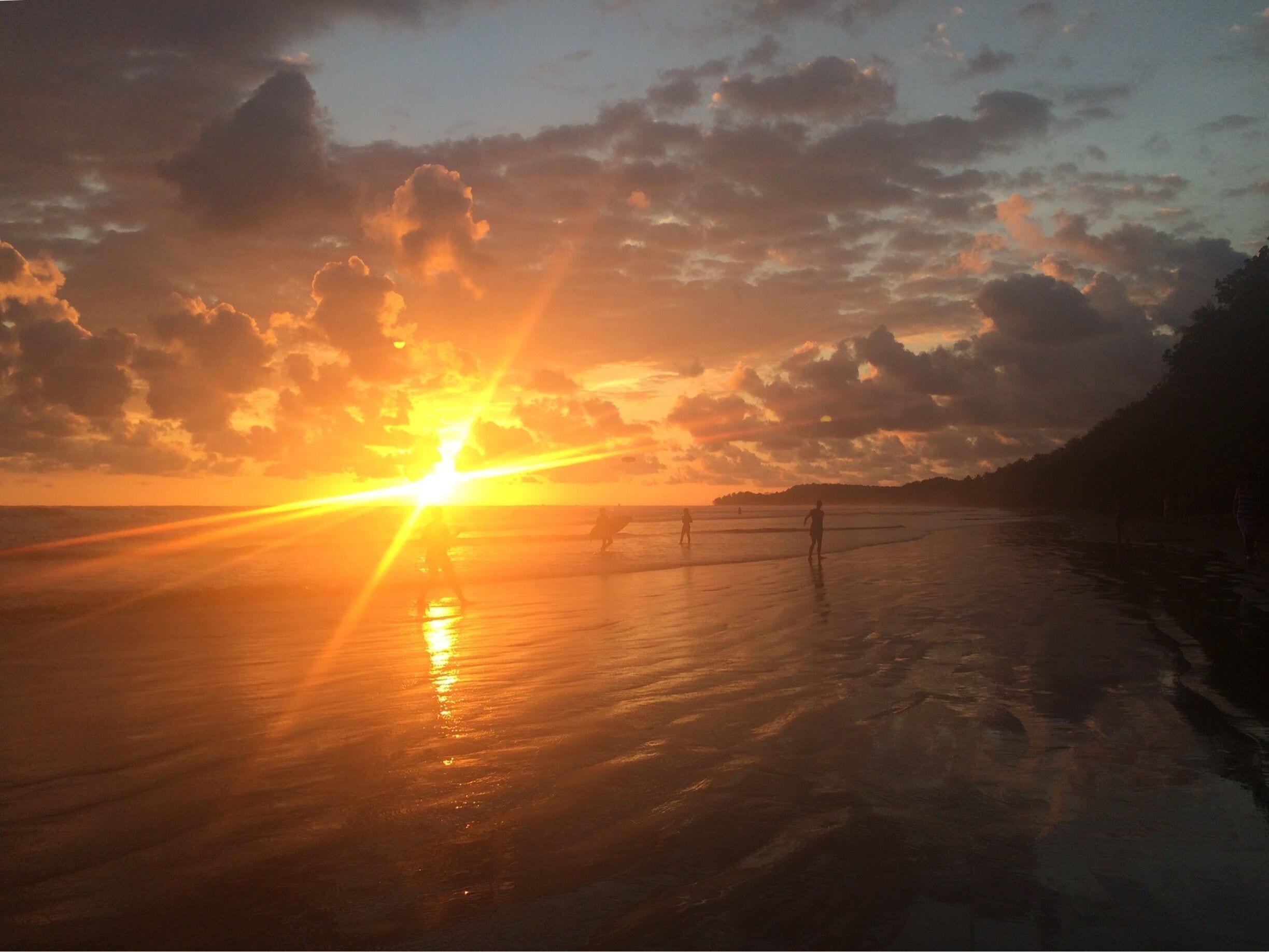 The beach was almost completely empty before sunset. The water was warm, and waves calm. Spotted some monkeys, crabs, and an iguana crawled by on the tree next to me...
Highly recommend Flutterby House to stay in, just a short walk from the beach.

Playa Uvita, Costa Rica, 2015. 