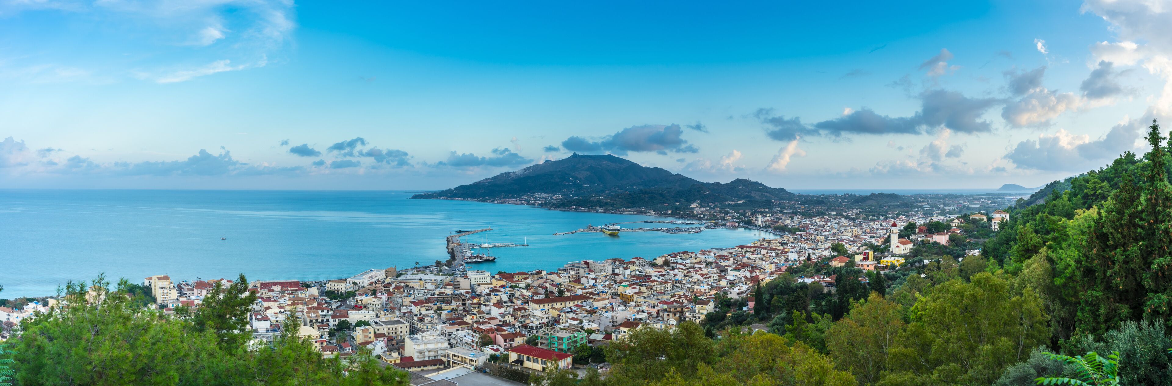 Greece, Zakynthos, XXL panorama of pretty aerial view on zakynthos city after sunset
