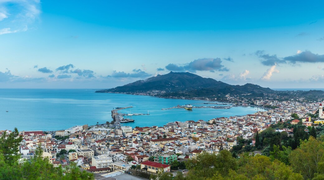 Greece, Zakynthos, XXL panorama of pretty aerial view on zakynthos city after sunset