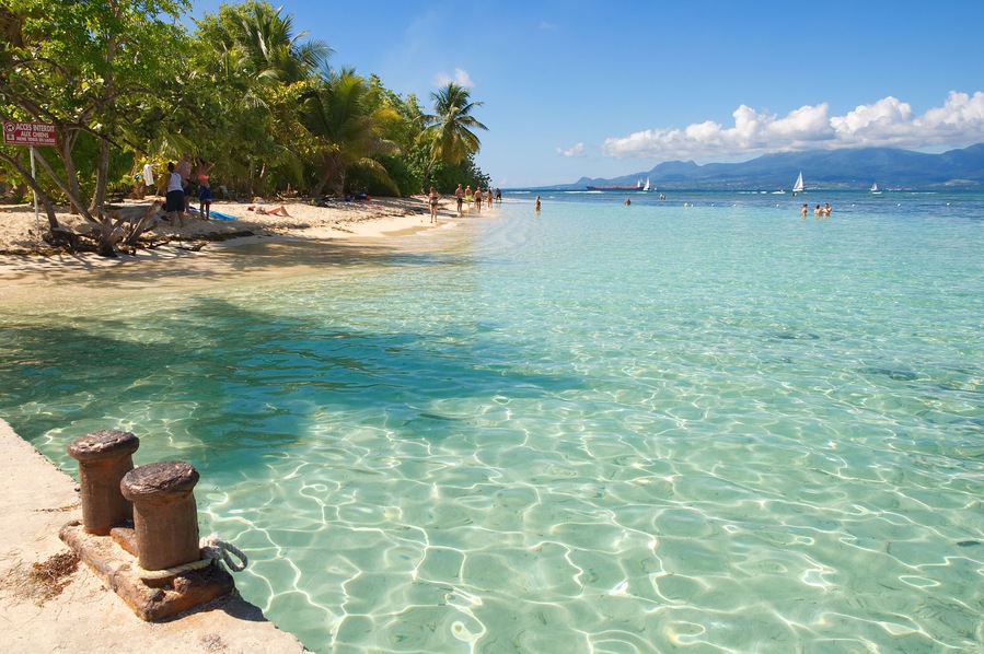 Une mer d’un bleu turquoise éclatant, une plage de sable et des palmiers.