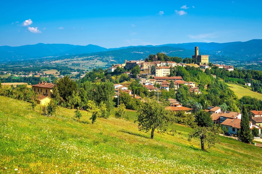 Poppi medieval village and castle panoramic view. Casentino Arezzo, Tuscany Italy Europe.