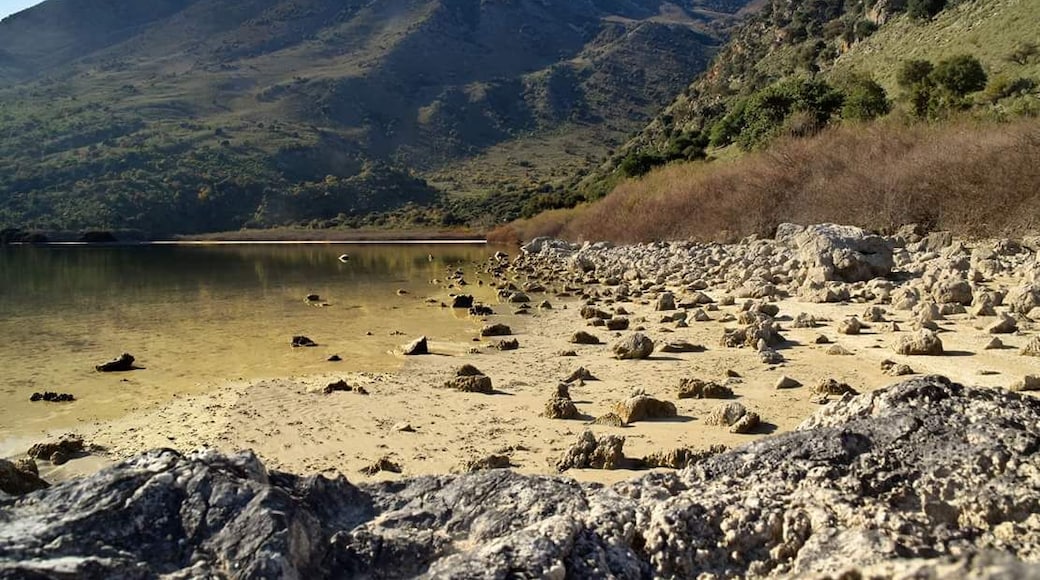 This summer the water level of the only natural fresh water lake on Crete is very low because of the total lack of snow during the winter, and thus lack of melt water