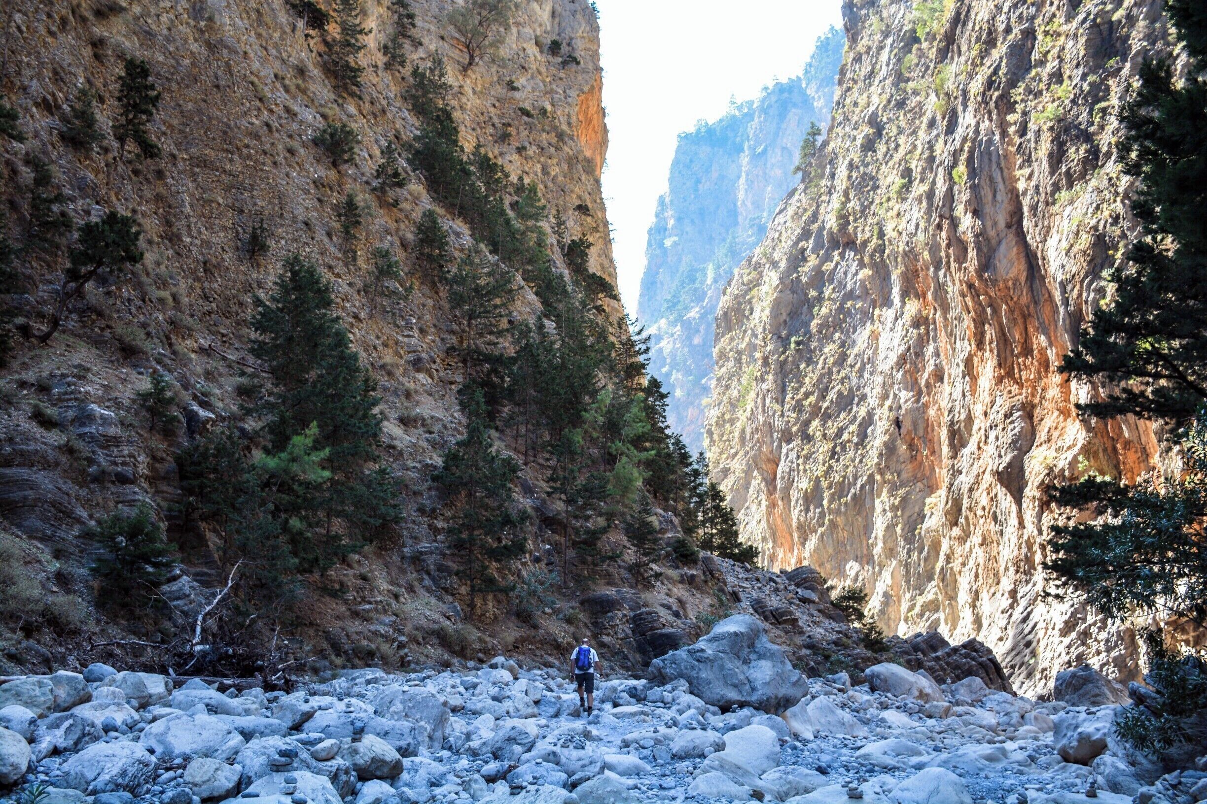 The Samaria Gorge, on the south side of Crete, is Europe's deepest canyon. The hike from the top of the gorge to the sea is about 18 km, and can be done in about four hours.