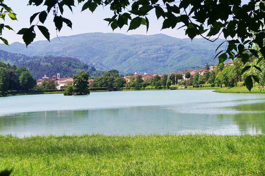 Un lago rodeado de vegetación exuberante y montañas al fondo.