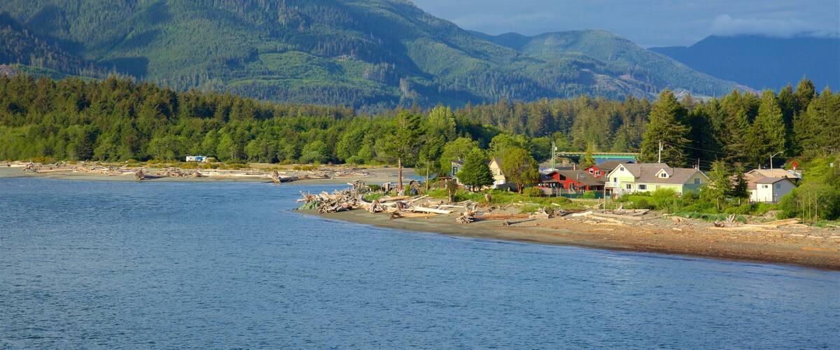 Port Renfrew featuring a lake or waterhole, mountains and a small town or village