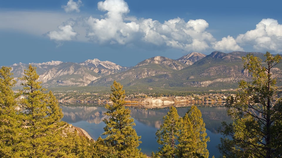 A mountain range, a lake, and a forest.