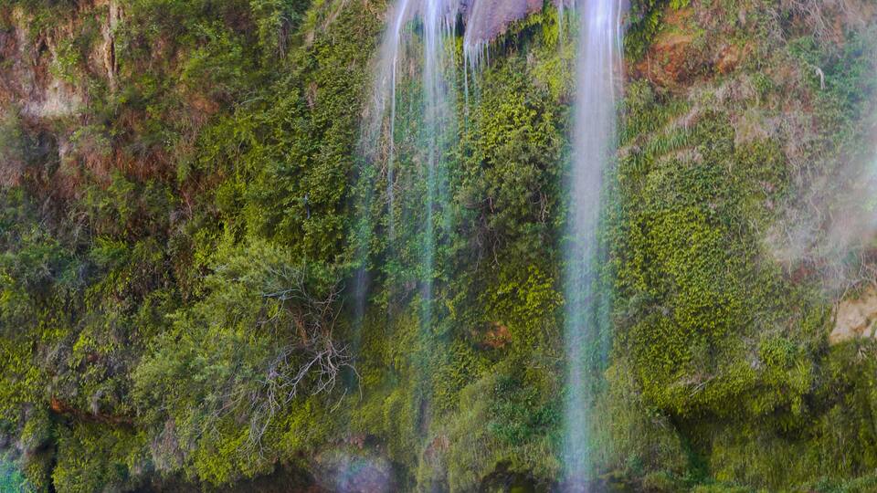 A waterfall cascading into a clear pool surrounded by lush greenery and rocky terrain.