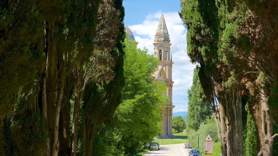 A historic tower surrounded by tall trees on a sunny day.