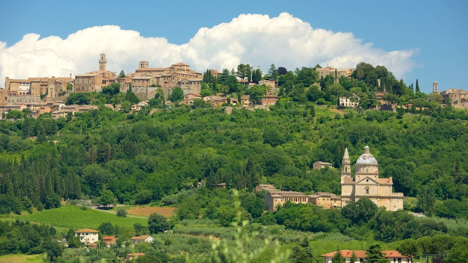 A hillside town with historic buildings and a prominent church.