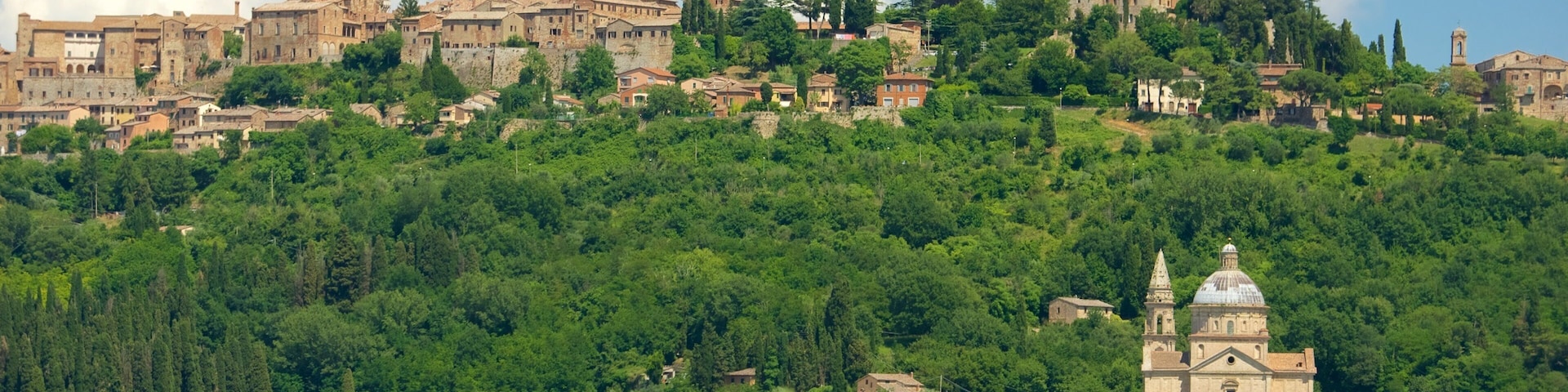 A hillside town with historic buildings and a prominent church.