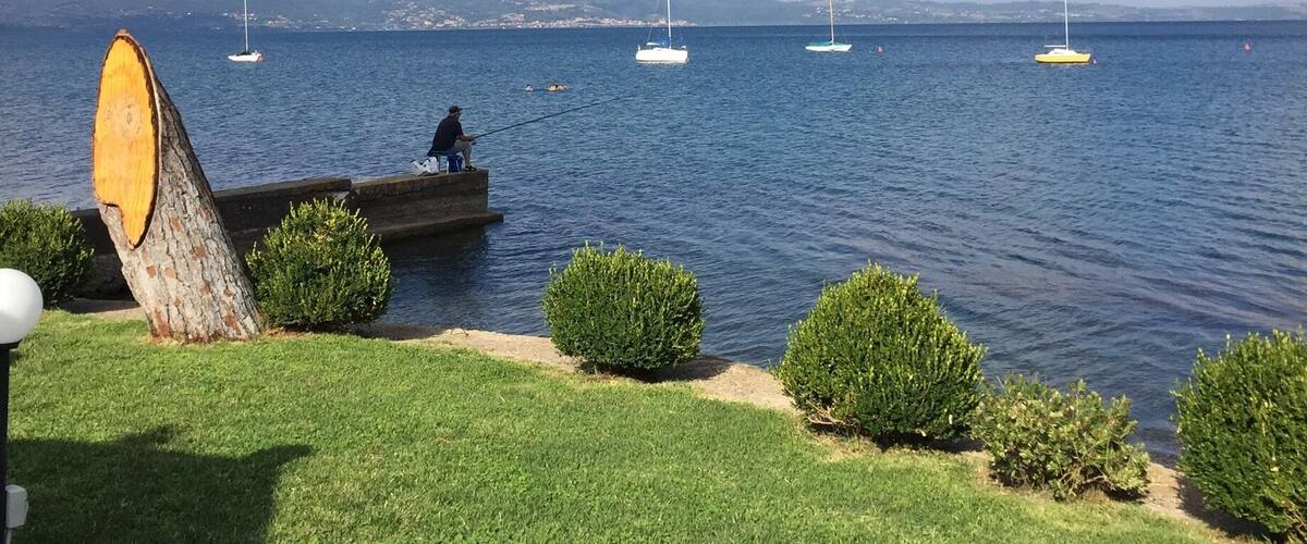 A calm lake with boats, a person fishing, and a large tree stump in the foreground.