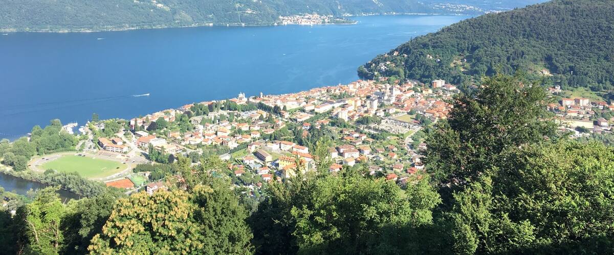 A lake surrounded by mountains and a town with red-roofed buildings.