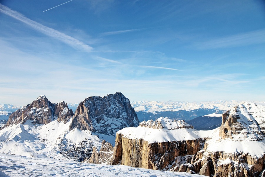 Dolomiti Mountains west view from Sasso Pordoi