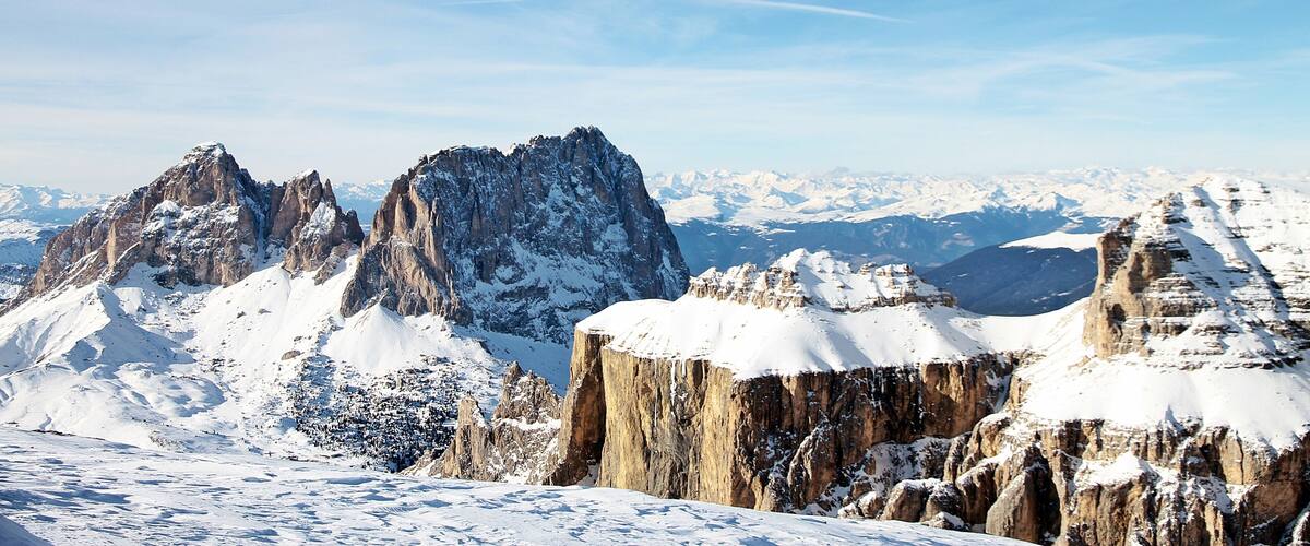 Dolomiti Mountains west view from Sasso Pordoi