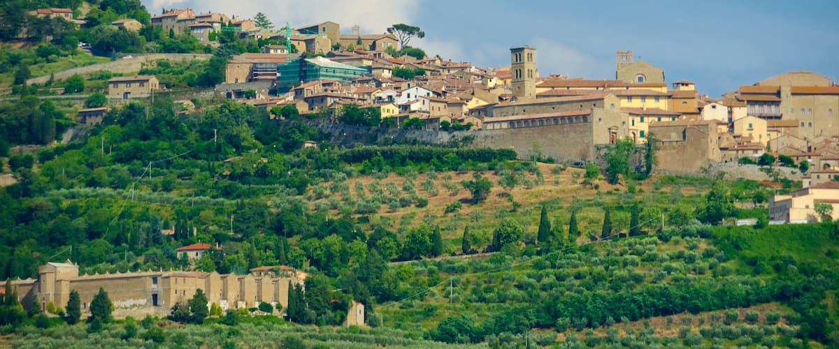 Cortona showing a city and farmland