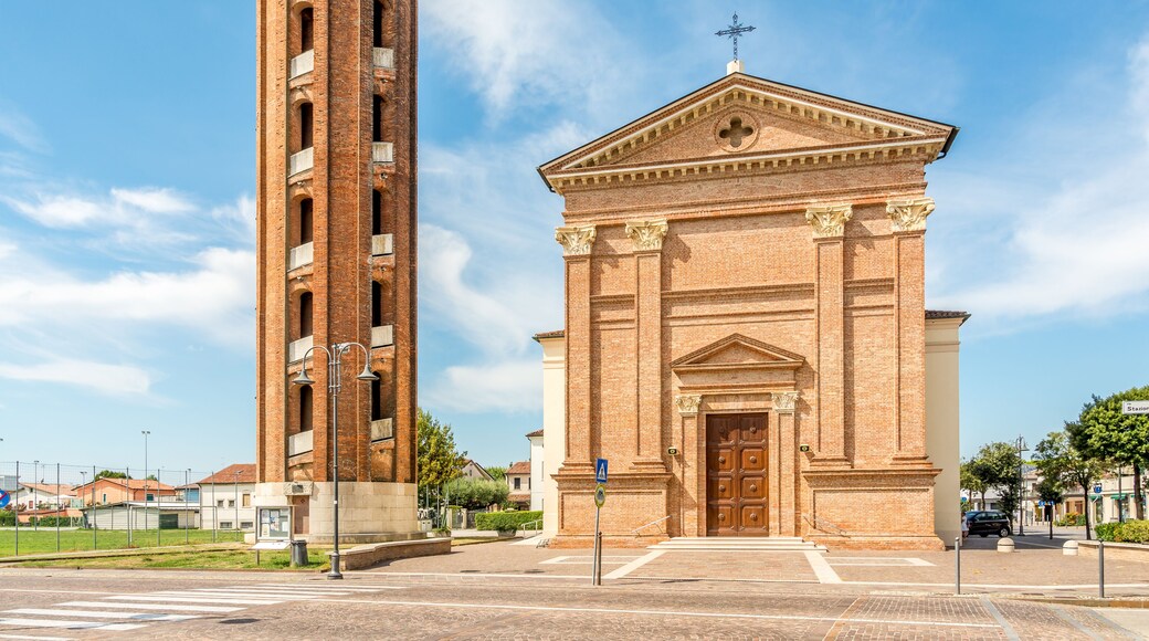 View at the Church of Saint Michael Archangel with round Bell tower in Quarto d Altino, Italy