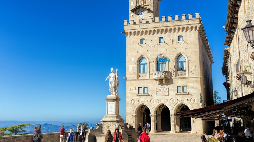 Central square of San Marino. Public Palace and statue of Liberty