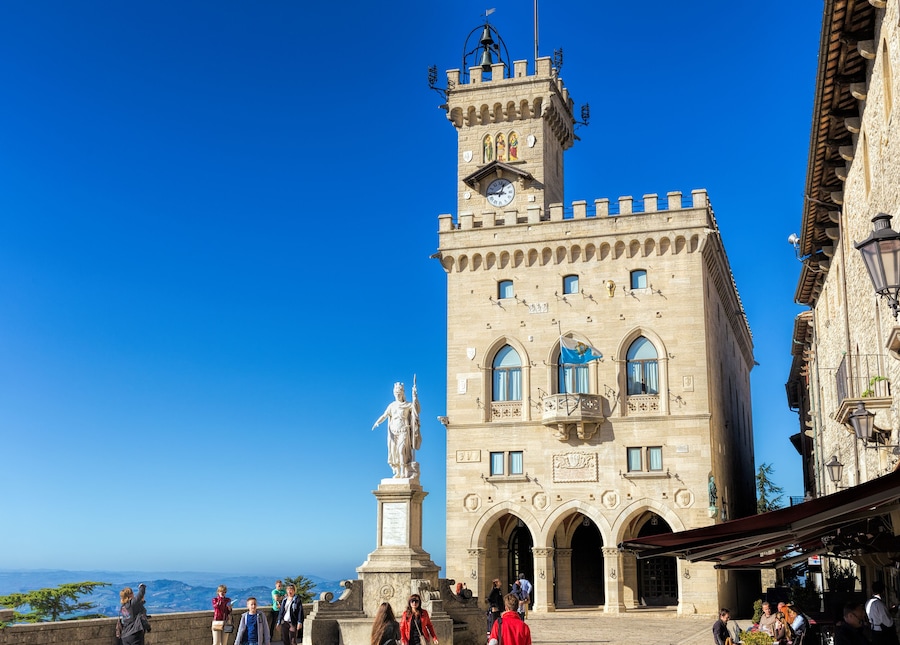 Central square of San Marino. Public Palace and statue of Liberty