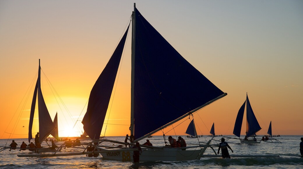 Boracay Island showing general coastal views, a sunset and sailing