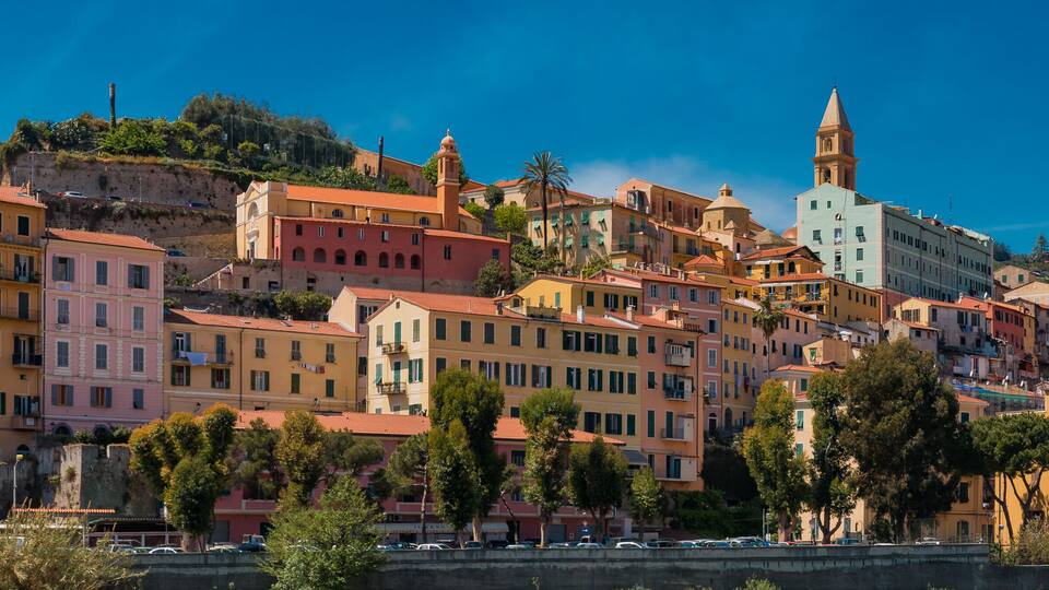 Colorful old buildings of a hilltop medieval town of Vintimiglia in Italy across from the French border