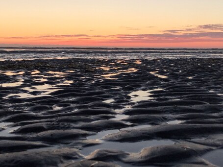 A rocky shoreline with water pooling in the foreground during sunset.