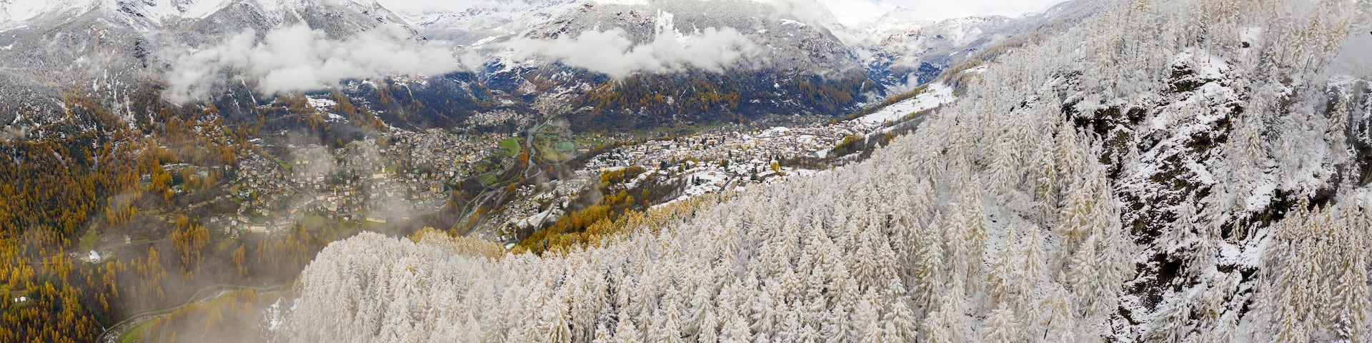 Valmalenco (IT) - Panoramic aerial view of Chiesa in Valmalenco, Caspoggio and Lanzada