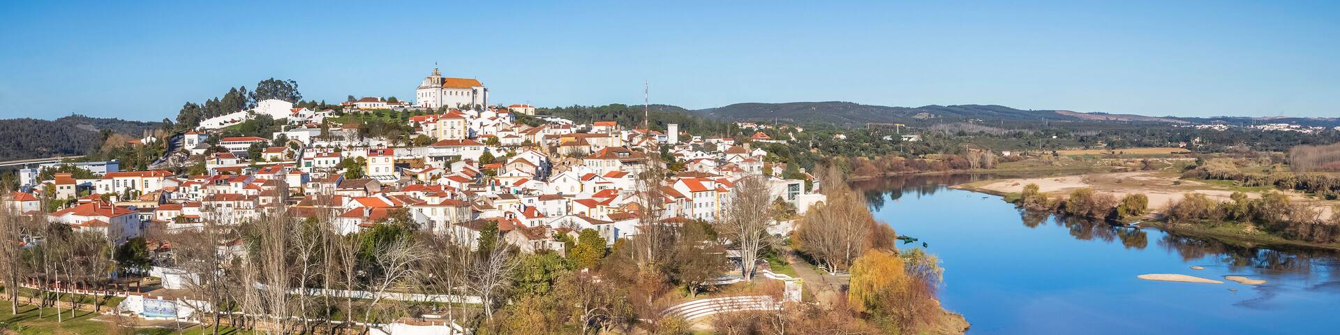 Panoramic view of the village of Constância in Portugal, in the late afternoon, with the rivers Zêzere and Tagus.