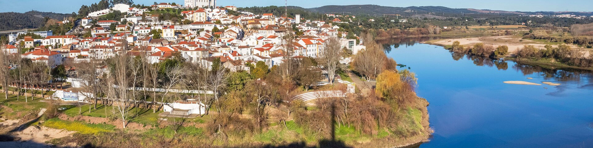 Panoramic view of the village of Constância in Portugal, in the late afternoon, with the rivers Zêzere and Tagus.