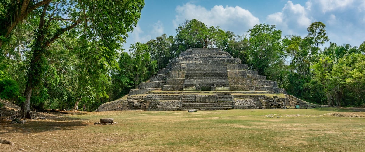A large stone pyramid surrounded by lush greenery.
