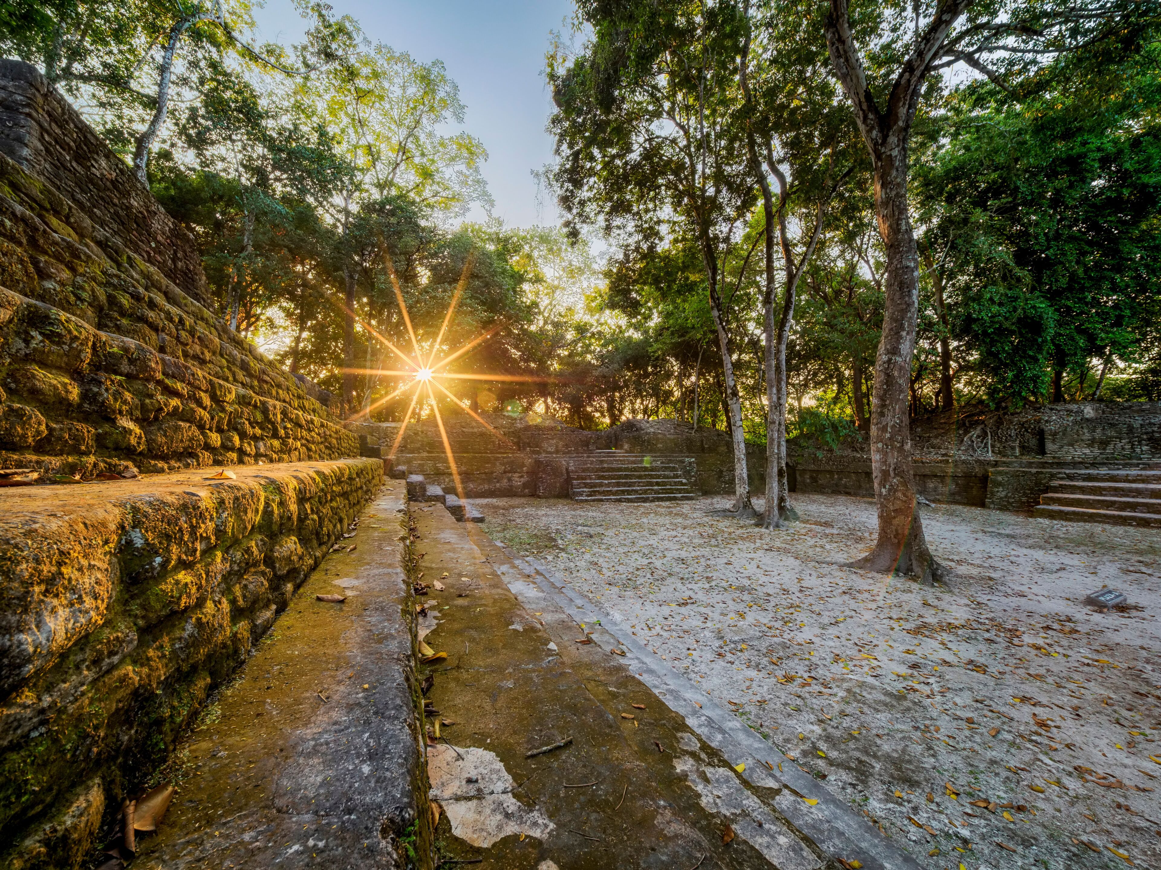 Plaza A at sunset, Cahal Pech Archaeological Reserve, San Ignacio, Cayo District, Belize