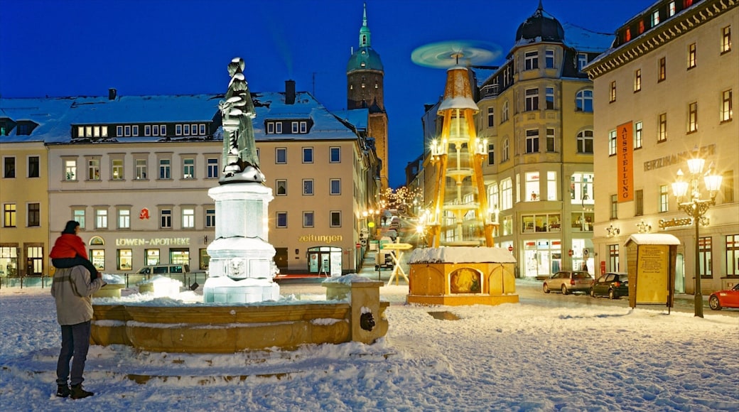 Annaberg-Buchholz fasiliteter samt snø, torg eller plass og monument