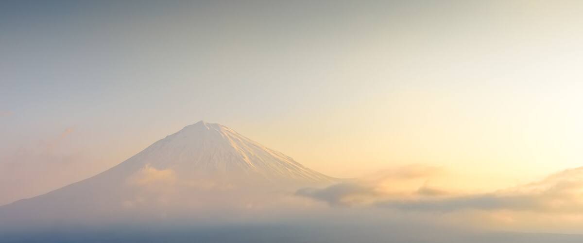 Fuji mountain with sunrise sky, close up snow capped mount fuji.
