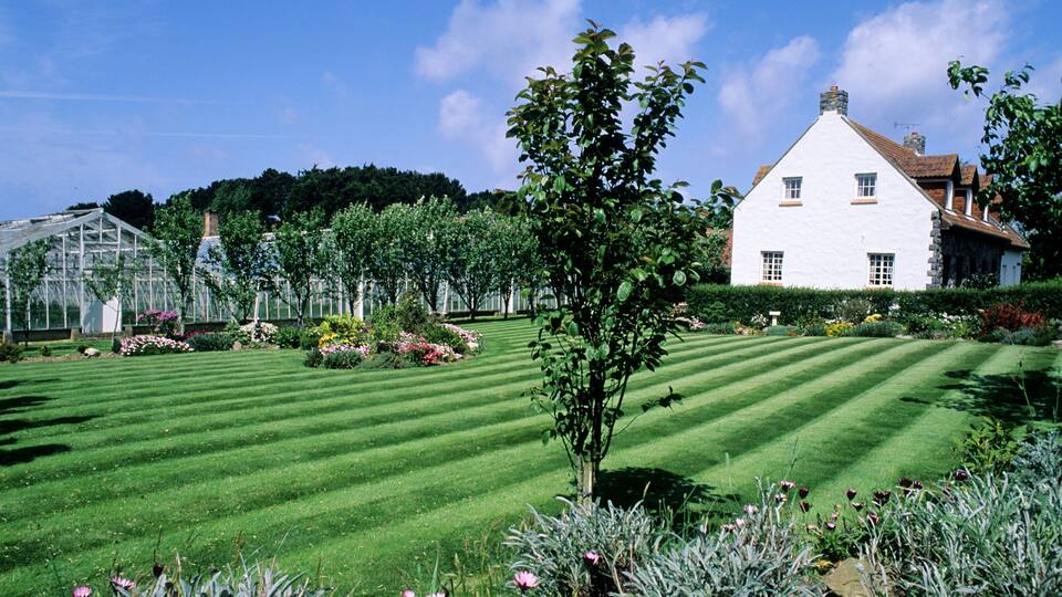 A well-manicured lawn, a white house, and a greenhouse in a garden.