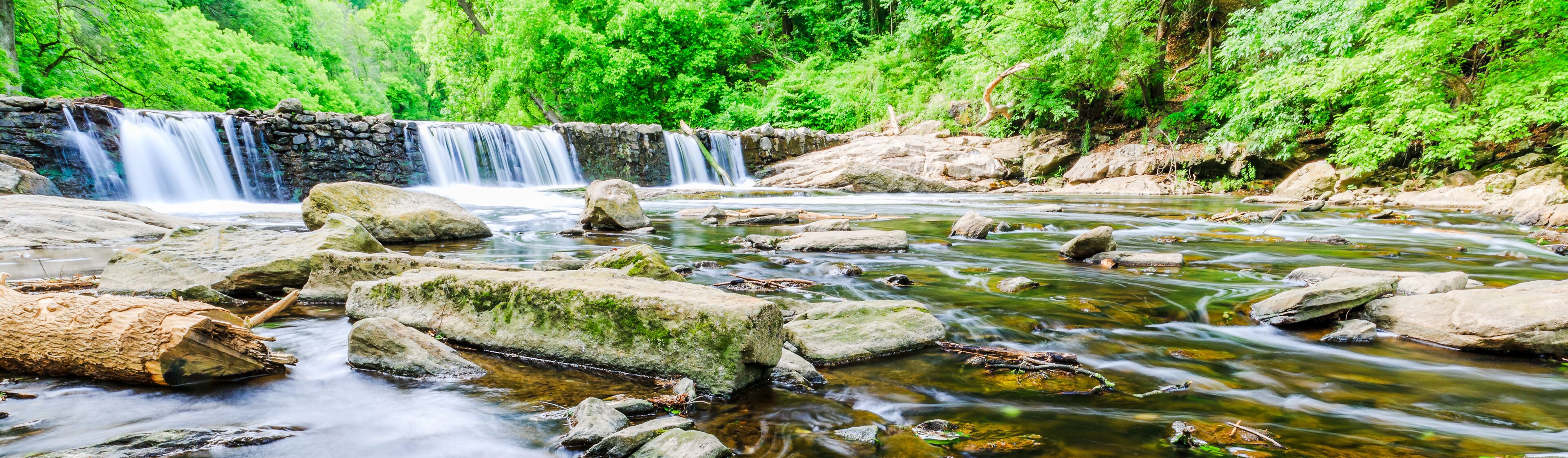 A waterfall cascading over rocks into a clear stream surrounded by lush greenery.