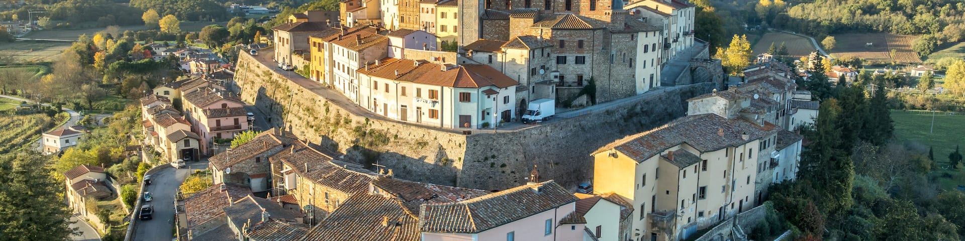 Aerial view of Monterchi, Tuscan hilltop citadel where Medieval Walls Meet Renaissance Masterpiece