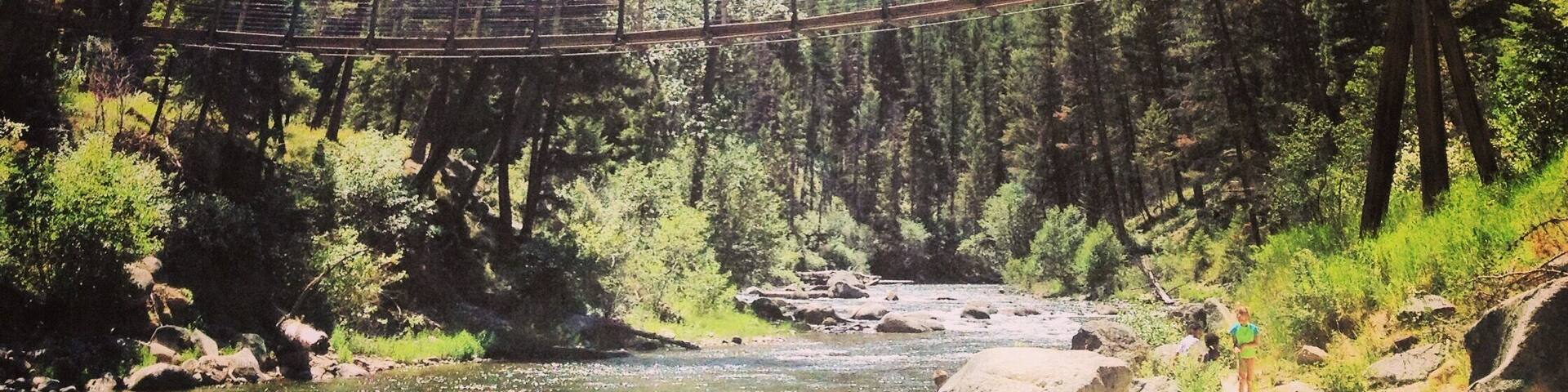 A suspension bridge over a river surrounded by dense forest and mountains.