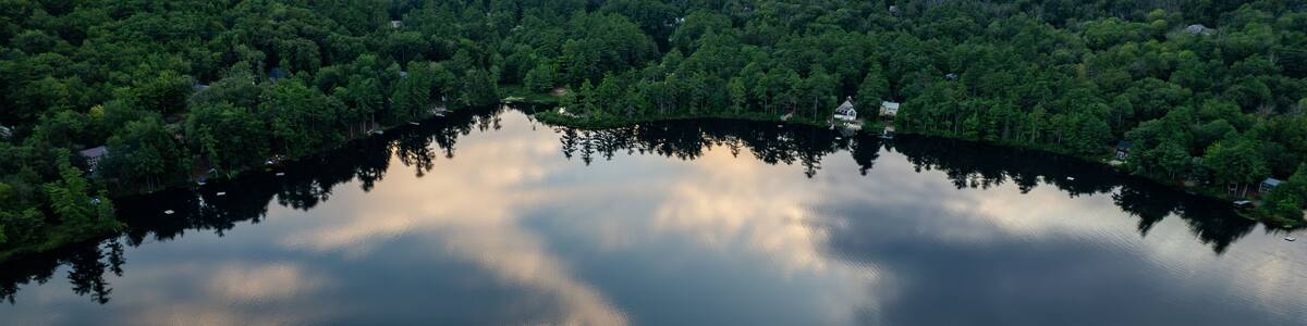 Aerial view of a sunset on a New Hampshire lake in the White Mountains
-Madison, NH