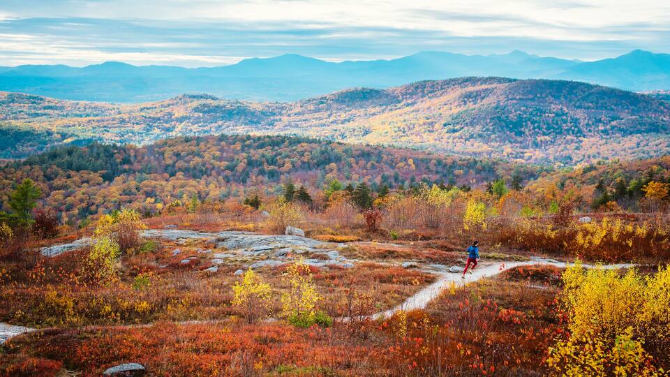 A hiker on a trail surrounded by autumn foliage and distant mountains.
