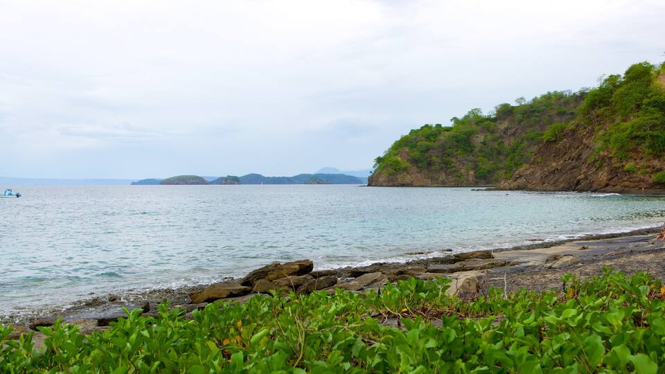 A coastal landscape with calm waters, rocky shoreline, and lush greenery.